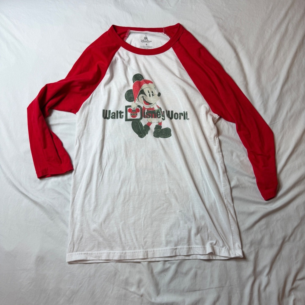 Disney Parks Walt Disney World Christmas Mickey Mouse Raglan Baseball Tee Red M